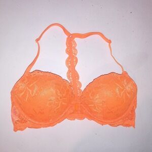 Victoria Secret PINK Bra 34C Date Racerback Neon Orange Lace Front Close Underwi